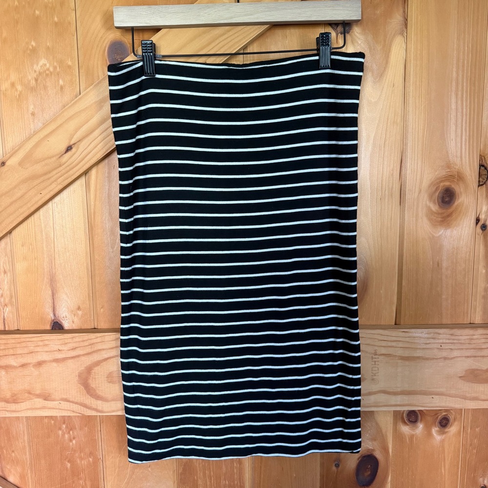 LOFT Pencil Skirt Medium Black White Striped Jersey Knit Bodycon Knee-Length